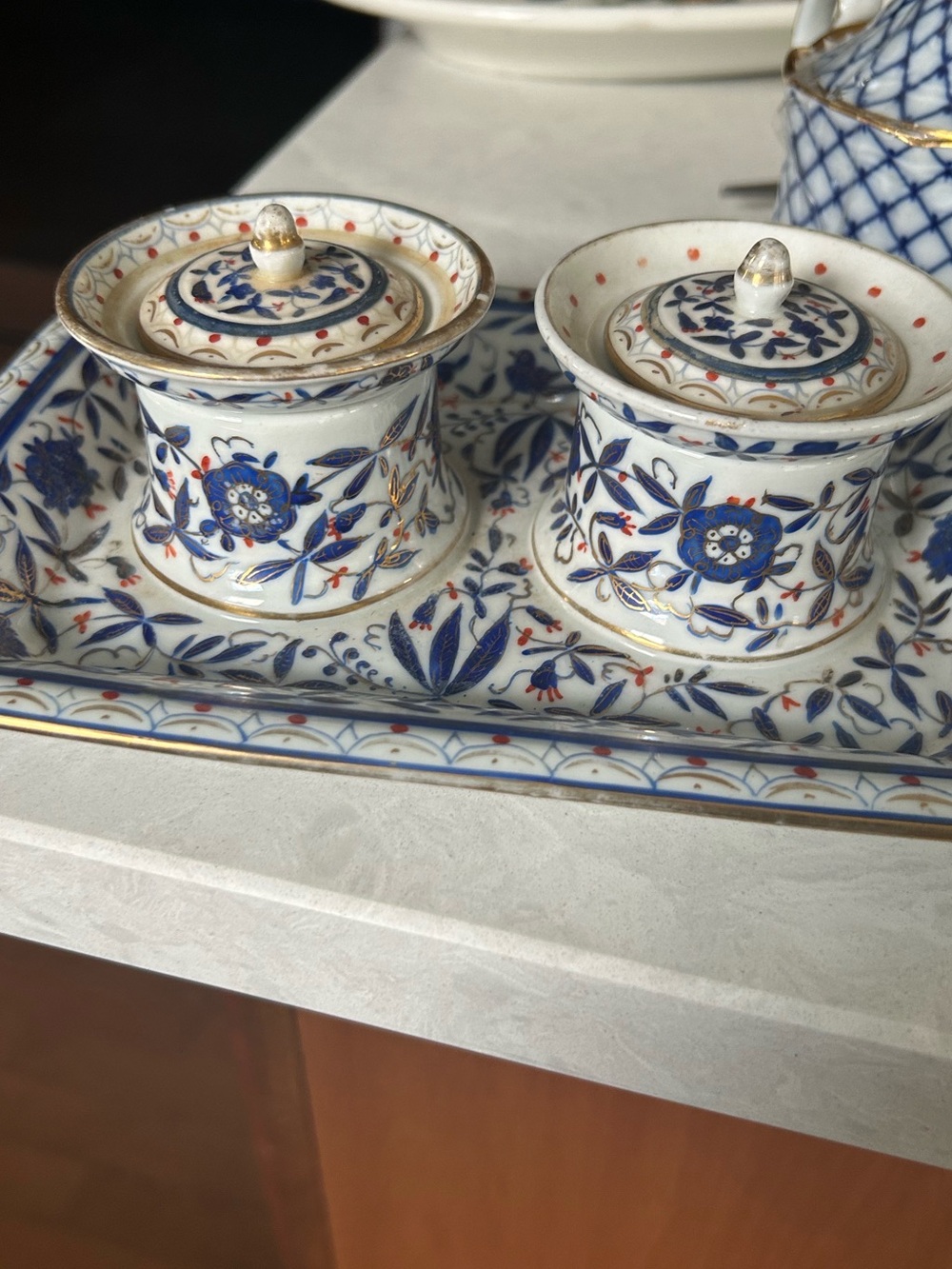 Blue Floral Porcelain Inkwell Set with Tray - Elegant Home Accent